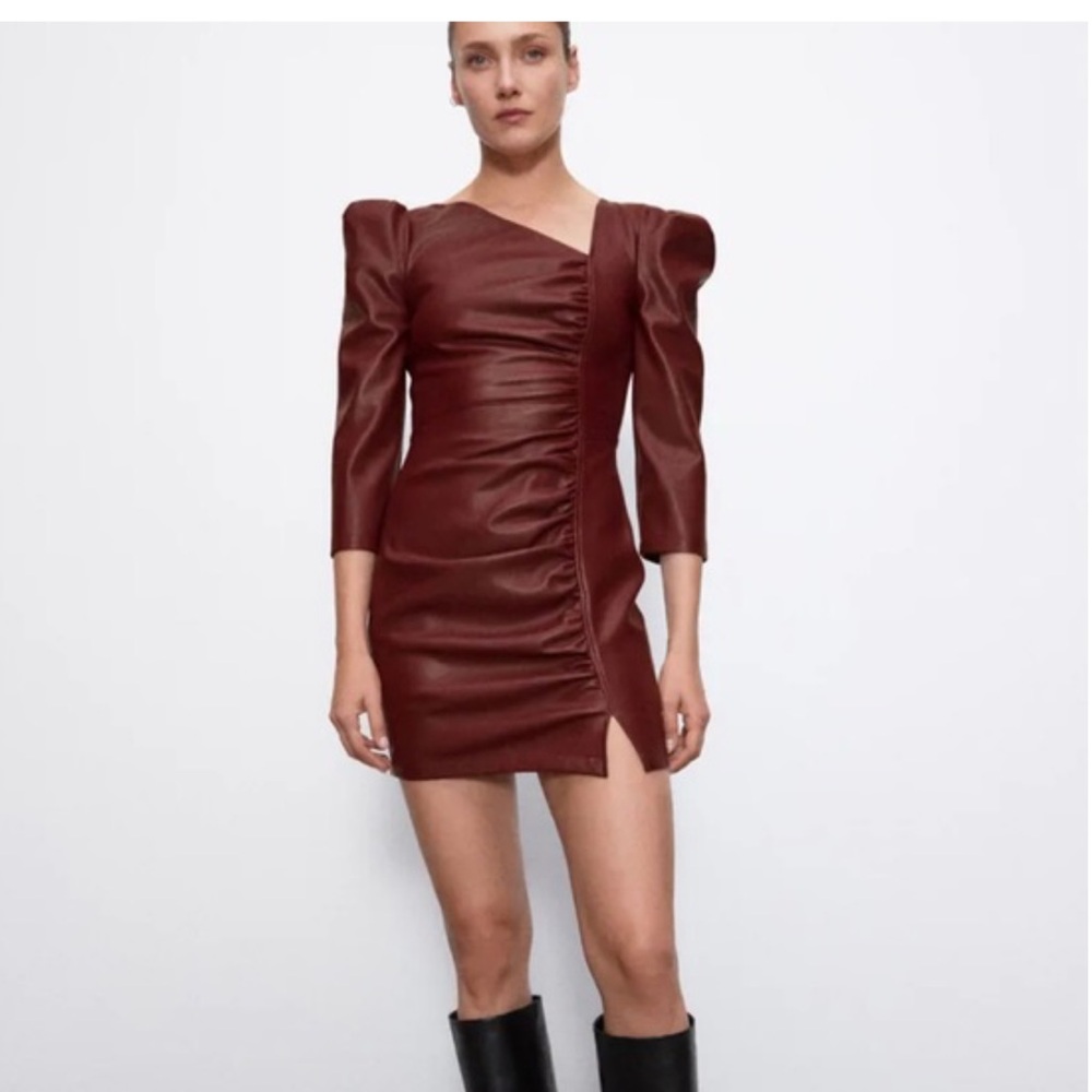 Zara: Maroon asymmetrical faux leather dress - Picture 3 of 9